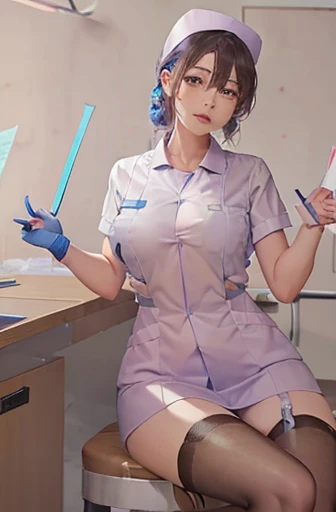 Blue nurse, 1womanl, Nurse, Nurse Cap, Blueware, ((Blue legwear, zettai ryouiki)), Black Elbow Gloves, Silver hair, Blue eyes, Sitting, ((surgery room)), sharp outline, Short sleeves, a matural female, 35 year old, Best Quality, masutepiece ,oversize boobs , latex uniform ,