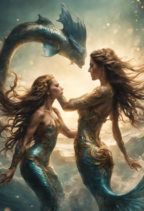Mermaids (casal(masculino e feminino)) nadando no fundo do mar, com um rabo de Mermaids, muitos detalhes
