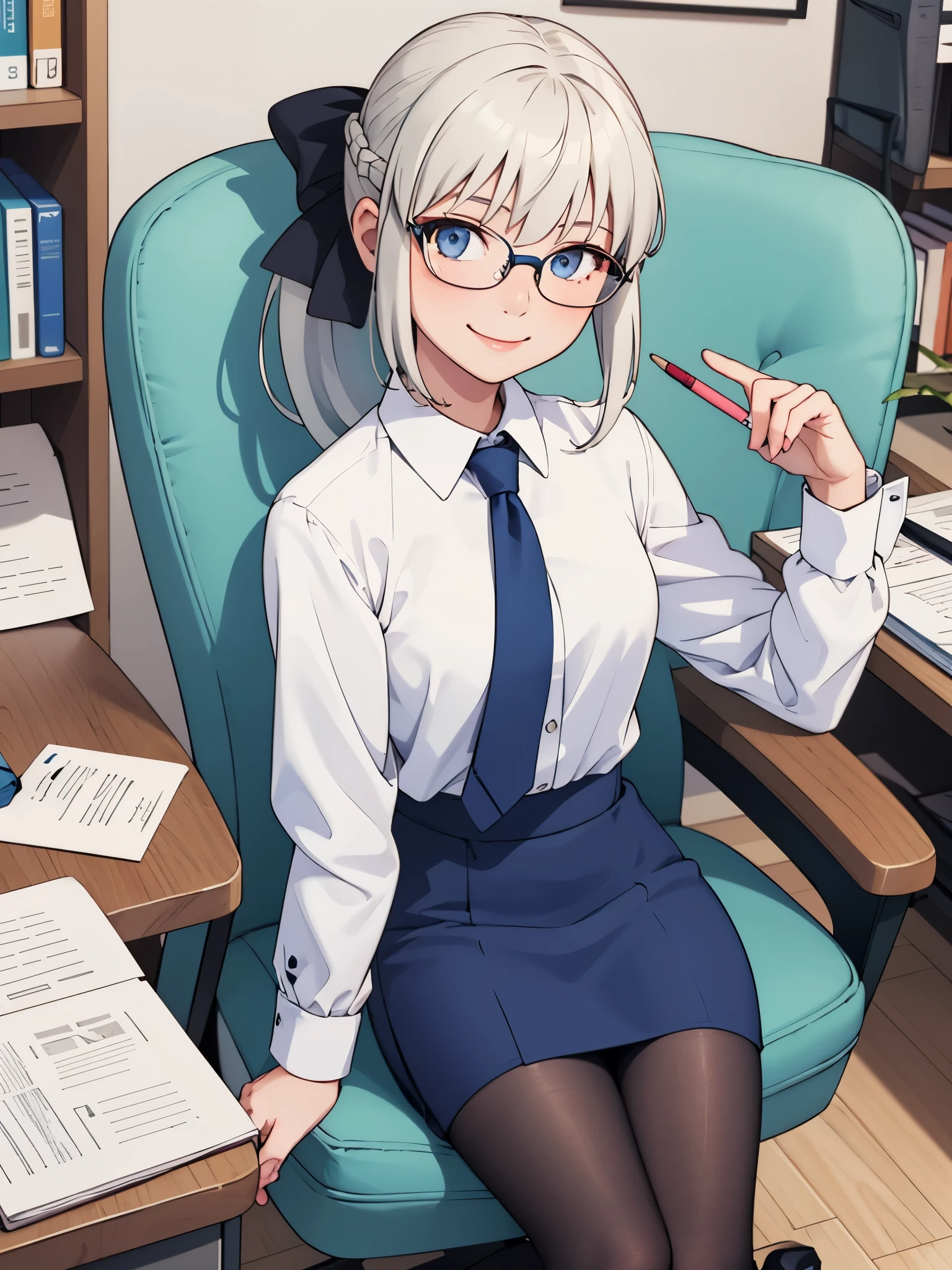 (masterpiece, best quality:1.2), solo, 1girl, morgan le fay, smile, looking at viewer, sitting in an office chair, long grey hair, braid, ponytail, hair bow, glasses, collared shirt, blue necktie, long sleeves, pencil skirt, pantyhose