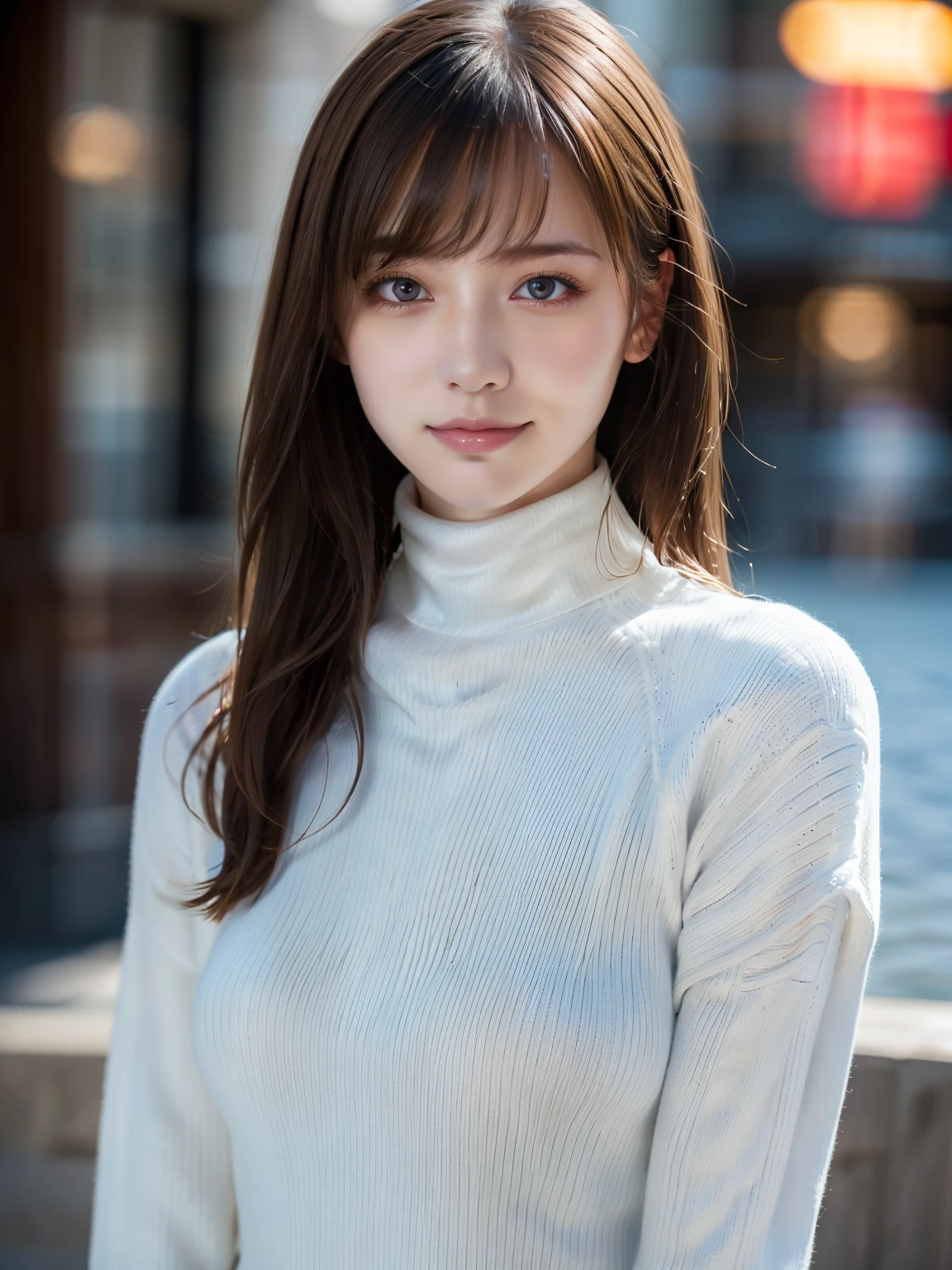 {(1 girl:18-year-old),(white turtleneck sweater:1.4)},
BREAK,(RAW photo, highest quality), (realistic, Photoreal:1.4), table top, very delicate and beautiful, very detailed, 8k wallpaper, ,, High resolution, soft light, {{Beautiful detailed 19 year old girl, very detailed目と顔, beautifully detailed nose, beautiful and fine eyes}},
BREAK,cinematic lighting,city light at night,perfect anatomy,slender body,smile  (hair is dirty, asymmetrical bangs, light brown hair,)