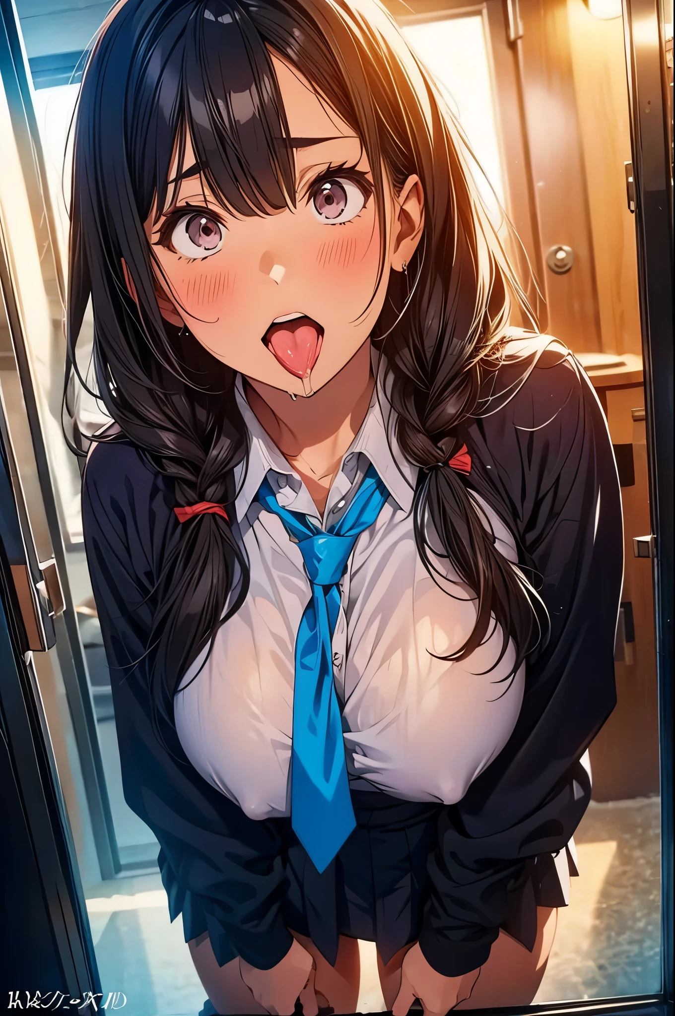 Anime girl with long black hair and blue tie sticking out her