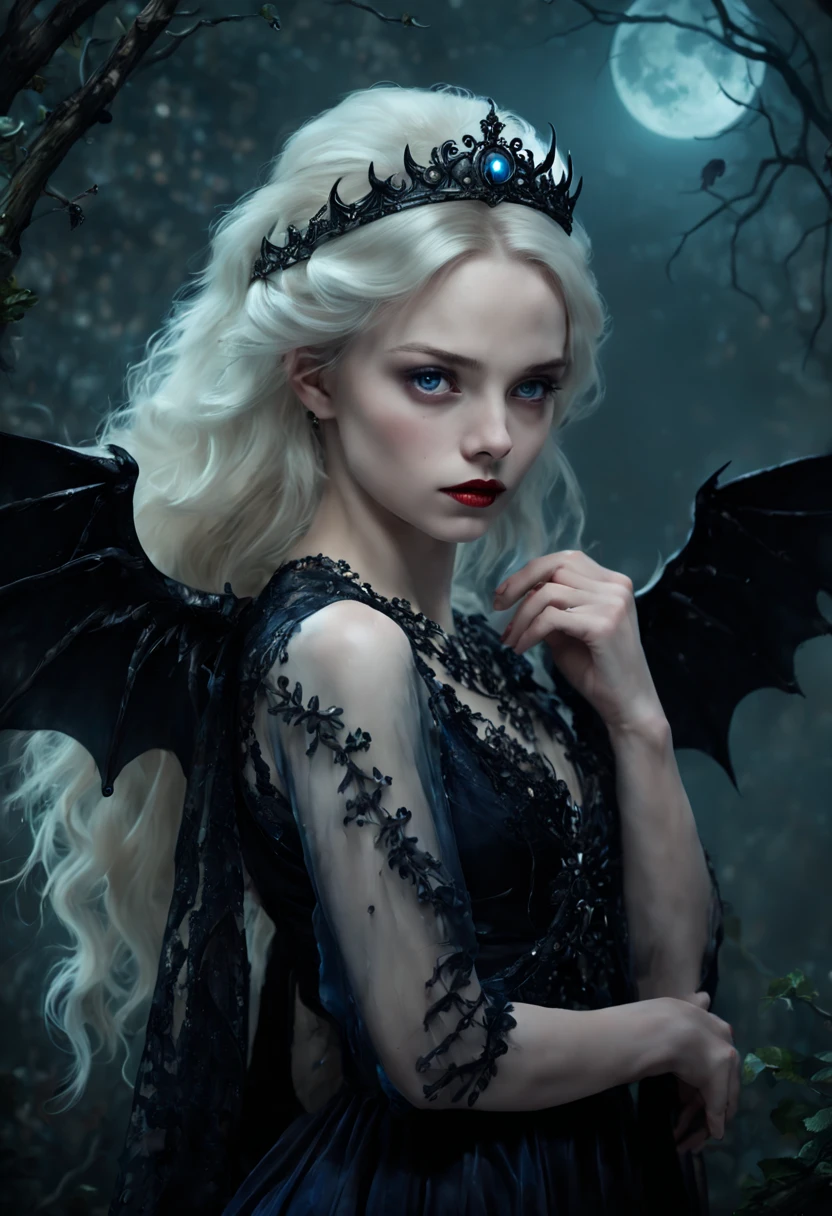 Vampire Princess,16 years old,breathtakingly beautiful,blue eyes,whitish blonde hair,(best quality,4k,8k,highres,masterpiece:1.2),ultra-detailed,(realistic,photorealistic,photo-realistic:1.37),softly glowing pale skin,pure blooded,porcelain-like complexion,elegant and refined features,graceful posture,dark and mysterious atmosphere,gothic fashion,flowing black lace dress,touch of red in her clothes,dainty silver jewelry with ruby accents,subtle yet captivating smile,slightly pointed canines,translucent wings resembling bat wings,subtle shimmering effect on her wings,gardens filled with blooming blood roses,vivid red petals contrasted with the darkness,enchanting moonlit night,dark and hauntingly beautiful castle in the background,splashes of moonlight illuminating her ethereal beauty,dark shadows and dramatic lighting,icy stare that freezes the hearts of those who dare to meet her gaze,air of authority and power,symbol of both danger and allure,night sky filled with swirling mist and sparkling stars,subtle color palette with shades of deep blue,purple,and black,subdued lighting with soft moonlight casting an ethereal glow,vibrant yet elegant style,with a touch of darkness and mystery,portraits,fantasy,horror.