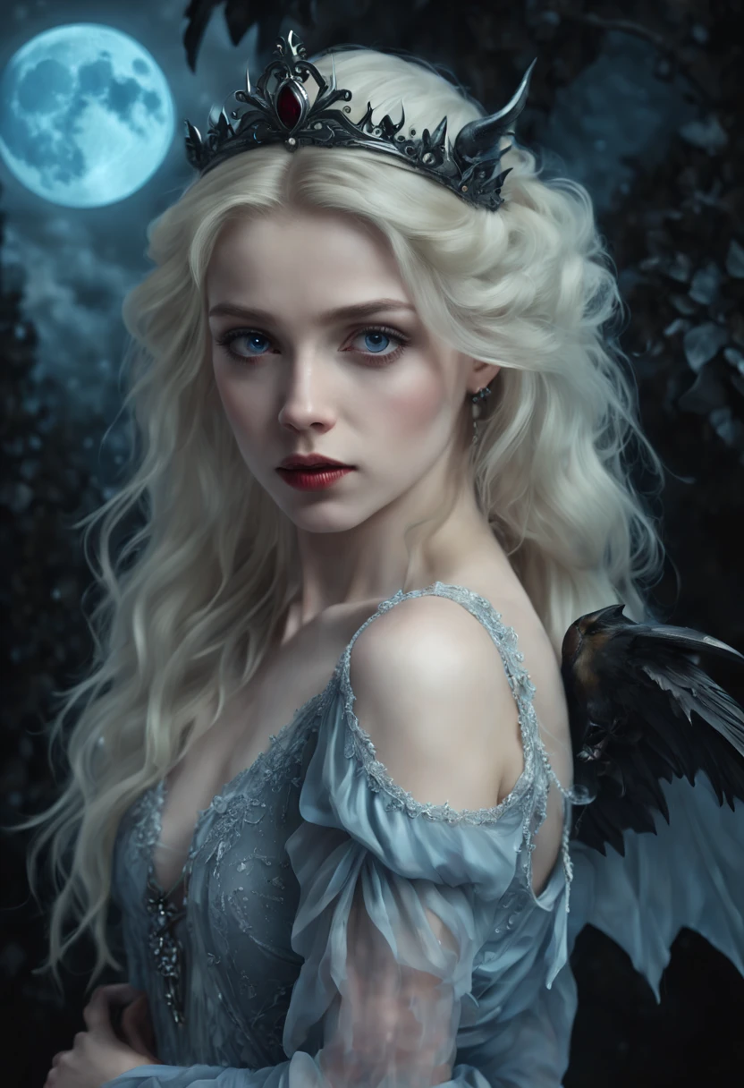 Vampire Princess,16 years old,breathtakingly beautiful,blue eyes,whitish blonde hair,(best quality,4k,8k,highres,masterpiece:1.2),ultra-detailed,(realistic,photorealistic,photo-realistic:1.37),softly glowing pale skin,pure blooded,porcelain-like complexion,elegant and refined features,graceful posture,dark and mysterious atmosphere,gothic fashion,flowing black lace dress,touch of red in her clothes,dainty silver jewelry with ruby accents,subtle yet captivating smile,slightly pointed canines,translucent wings resembling bat wings,subtle shimmering effect on her wings,gardens filled with blooming blood roses,vivid red petals contrasted with the darkness,enchanting moonlit night,dark and hauntingly beautiful castle in the background,splashes of moonlight illuminating her ethereal beauty,dark shadows and dramatic lighting,icy stare that freezes the hearts of those who dare to meet her gaze,air of authority and power,symbol of both danger and allure,night sky filled with swirling mist and sparkling stars,subtle color palette with shades of deep blue,purple,and black,subdued lighting with soft moonlight casting an ethereal glow,vibrant yet elegant style,with a touch of darkness and mystery,portraits,fantasy,horror.