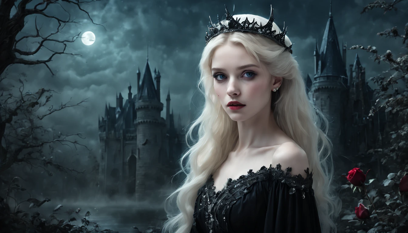 princesse vampire,,Incroyablement belle,yeux bleus,cheveux blonds blanchâtres,(Meilleure qualité,4k,8k,haute résolution,chef-d&#39;œuvre:1.2),ultra-détaillé,(Réaliste,photoRéaliste,photo-Réaliste:1.37),peau pâle légèrement éclatante,sang pur,teint de porcelaine,des caractéristiques élégantes et raffinées,Posture gracieuse,ambiance sombre et mystérieuse,mode gothique,robe fluide en dentelle noire,touche de rouge dans ses vêtements,bijoux en argent délicats avec des accents de rubis,sourire subtil mais captivant,canines légèrement pointues,ailes translucides ressemblant à des ailes de chauve-souris,subtil effet chatoyant sur ses ailes,jardins remplis de roses sanguines en fleurs,pétales rouge vif contrastant avec l&#39;obscurité,nuit enchanteresse au clair de lune,un château sombre et d&#39;une beauté envoûtante en arrière-plan,des éclaboussures de clair de lune illuminant sa beauté éthérée,ombres sombres et éclairage dramatique,regard glacial qui glace le cœur de ceux qui osent croiser son regard,air d&#39;autorité et de puissance,symbole à la fois de danger et d&#39;attrait,ciel nocturne rempli de brume tourbillonnante et d&#39;étoiles scintillantes,palette de couleurs subtile avec des nuances de bleu profond,violet,et noir,éclairage tamisé avec un doux clair de lune projetant une lueur éthérée,style vibrant mais élégant,avec une touche d&#39;obscurité et de mystère,portraits,fantaisie,horreur.