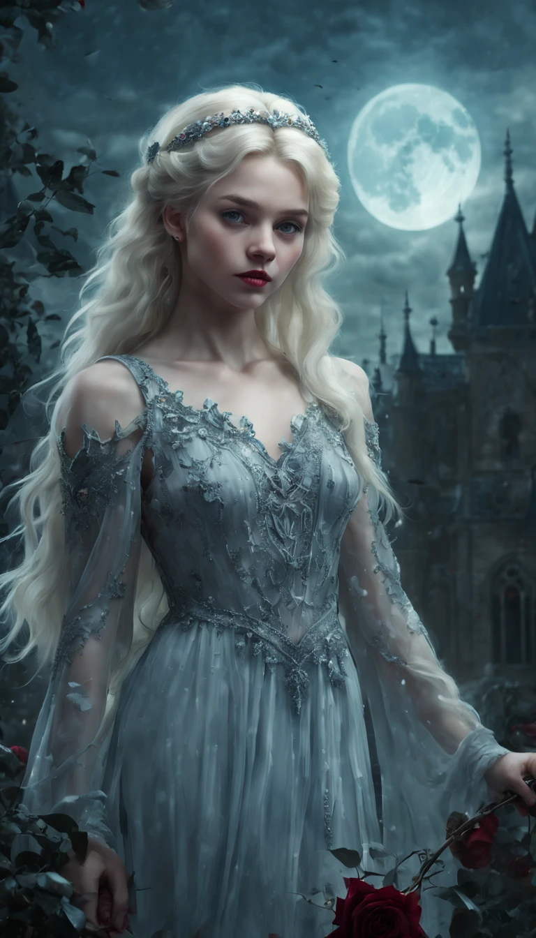 Vampire Princess,16 years old,breathtakingly beautiful,blue eyes,whitish blonde hair,(best quality,4k,8k,highres,masterpiece:1.2),ultra-detailed,(realistic,photorealistic,photo-realistic:1.37),softly glowing pale skin,pure blooded,porcelain-like complexion,elegant and refined features,graceful posture,dark and mysterious atmosphere,gothic fashion,flowing black lace dress,touch of red in her clothes,dainty silver jewelry with ruby accents,subtle yet captivating smile,slightly pointed canines,translucent wings resembling bat wings,subtle shimmering effect on her wings,gardens filled with blooming blood roses,vivid red petals contrasted with the darkness,enchanting moonlit night,dark and hauntingly beautiful castle in the background,splashes of moonlight illuminating her ethereal beauty,dark shadows and dramatic lighting,icy stare that freezes the hearts of those who dare to meet her gaze,air of authority and power,symbol of both danger and allure,night sky filled with swirling mist and sparkling stars,subtle color palette with shades of deep blue,purple,and black,subdued lighting with soft moonlight casting an ethereal glow,vibrant yet elegant style,with a touch of darkness and mystery,portraits,fantasy,horror.