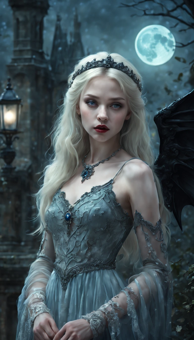 Vampire Princess,16 years old,breathtakingly beautiful,blue eyes,whitish blonde hair,(best quality,4k,8k,highres,masterpiece:1.2),ultra-detailed,(realistic,photorealistic,photo-realistic:1.37),softly glowing pale skin,pure blooded,porcelain-like complexion,elegant and refined features,graceful posture,dark and mysterious atmosphere,gothic fashion,flowing black lace dress,touch of red in her clothes,dainty silver jewelry with ruby accents,subtle yet captivating smile,slightly pointed canines,translucent wings resembling bat wings,subtle shimmering effect on her wings,gardens filled with blooming blood roses,vivid red petals contrasted with the darkness,enchanting moonlit night,dark and hauntingly beautiful castle in the background,splashes of moonlight illuminating her ethereal beauty,dark shadows and dramatic lighting,icy stare that freezes the hearts of those who dare to meet her gaze,air of authority and power,symbol of both danger and allure,night sky filled with swirling mist and sparkling stars,subtle color palette with shades of deep blue,purple,and black,subdued lighting with soft moonlight casting an ethereal glow,vibrant yet elegant style,with a touch of darkness and mystery,portraits,fantasy,horror.