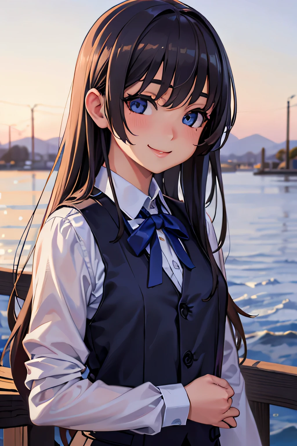 (8k, best quality, masterpiece: 1.2), (actual, actual:1.37), Super detailed, 1 girl, Lovely, alone, beautiful detailed sky, Dating, (Nose Red), (Smile: 1.15), (shut up) small breasts, Beautiful and delicate eyes, (long hair: 1.2), Flowing hair novaFrogStyle, Upper body, Vest