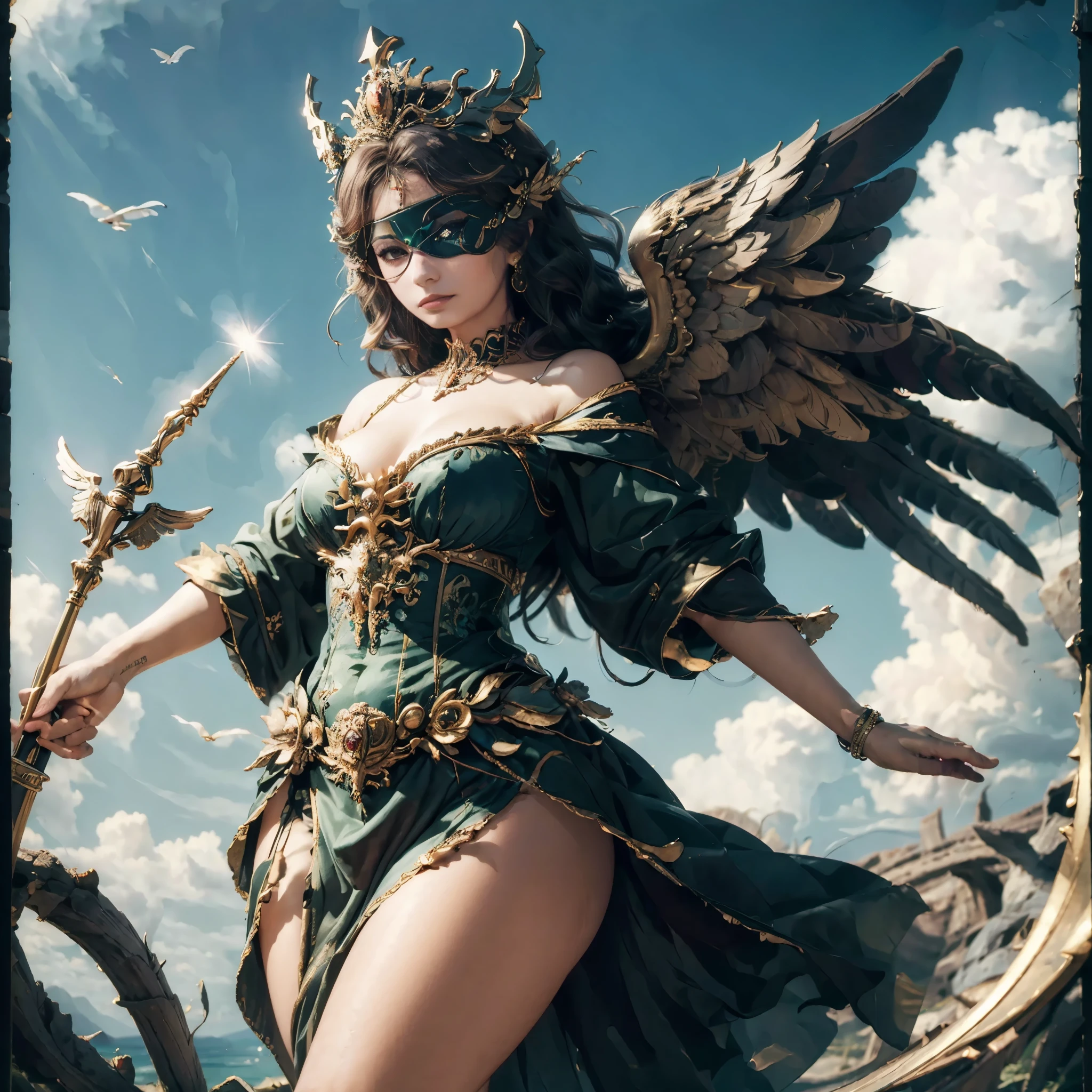 (best quality,4k,8k,highres,masterpiece:1.2),ultra-detailed, Lady Luck, wearing a blindfold winged, eyes covered, wearing a crown, and bearing a sceptre and cornucopia, blindfolded, drawn in the style of Yoshitaka Amano, HDR, 8k, absurdres, cinestill 800, sharp focus, add_detail:2