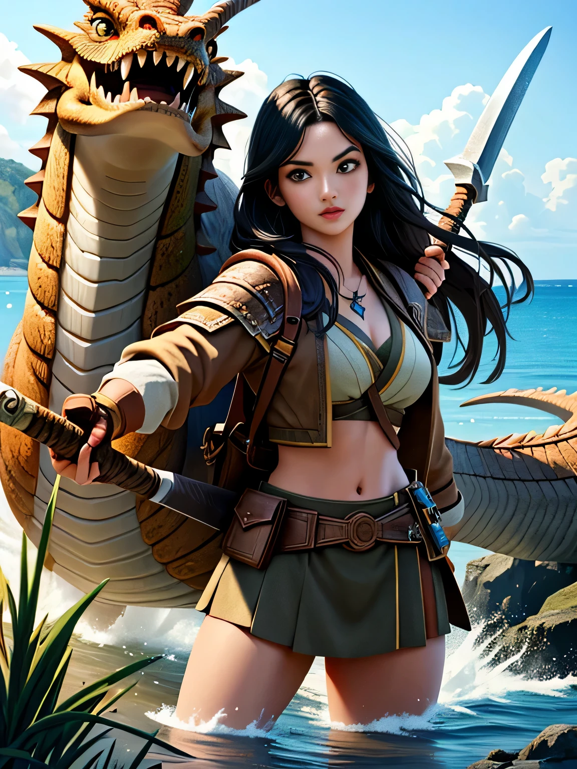 highest quality,Super detailed,masterpiece,realistic,Photoreal,bright lighting,Monster Hunter Frontier、In front of a giant fire-breathing dragon、Female warrior in bikini preparing for battle、Beautiful woman、Long black hair flutters、A big ax in her hand、Vast seaside scenery、