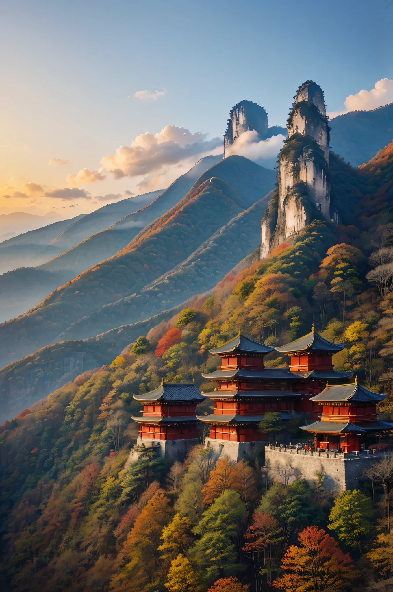 (red small building)([Chinese style, traditional:1.2])Beautiful and detailed architecture,([touching, thrilling:1.2])stunning scenery,([Mountain,Colorful forest:green:1.1])Beautiful sunrise in Zhangjiajie National Forest Park,([painterly, picturesque:1.2])Captured by Liu Haisu,(Raymond Han:1.1)of paintings,([majestic, awe-inspiring:1.1])Mountain,([floating, ethereal:1.1])unbelievable beautiful,([Enchanting, enchanting:1.2])Created by Ren Xiong.