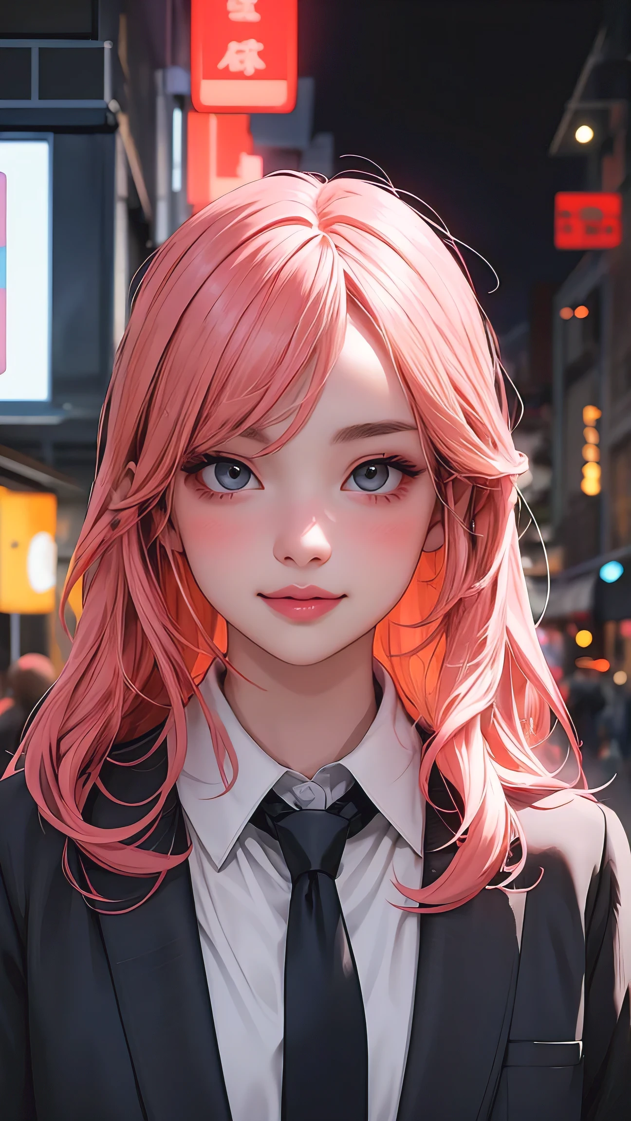 1girl, long pink hair, red horns, white collared shirt, black necktie, light smile, yellow eyes, corneo_power,, buildings,shops,town streets, dark sky, scenery,neon signs,night city, japanese lyrics,, , absurdres, detailed eyes, extremely detailed, volumetric lighting, realistic, realistic lighting, 8k, cinematic lighting, depth of field, perfect, hyper-detailed, photorealistic, ultra realistic, realistic light, hard lighting, intricate details, stop motion, tonemapping, sharp focus, hyper detailed,