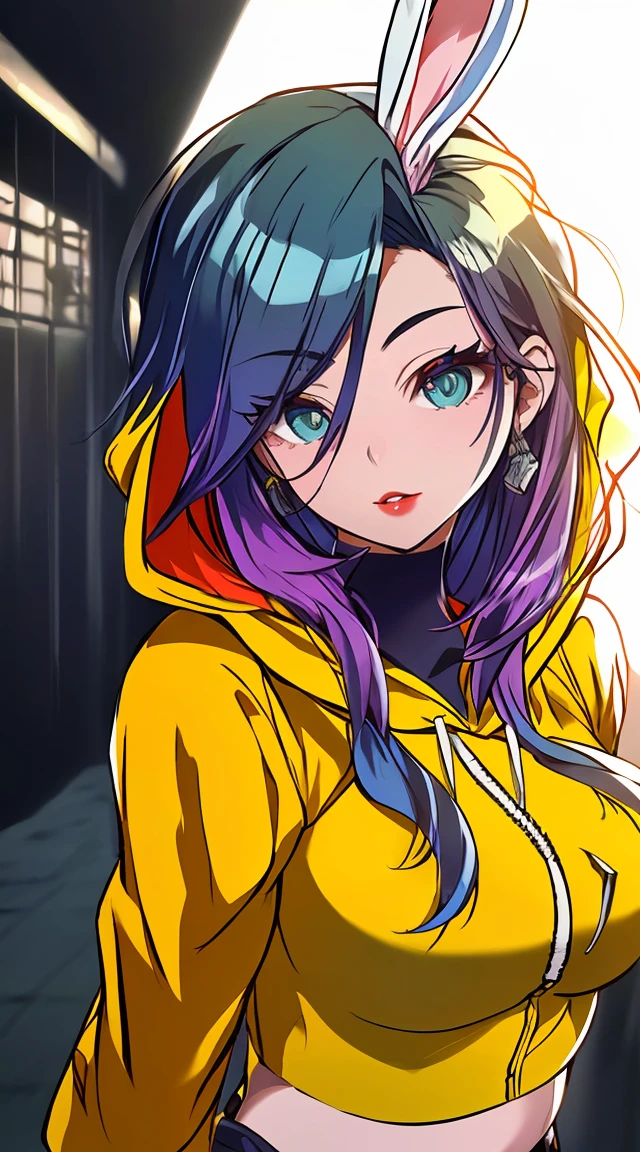 1 girl, beautiful korean girl, (Cute Loose Bob hair, loose hair), (usando um cropped bunny hoodie:1.5), (Red lips, breasts small, toned stomach, eyelash, aegyo sal), immersive background, global illumination, natural lighting, (beautiful detailed eyes, Symmetrical eyes), (8k, raw-photo, work of art, RAW color photo with high detail, highest quallity, highly detailed 8K unified CG wallpapers), (best shade, best illustration), Physics-based rendering, hight contrast, rich colors,