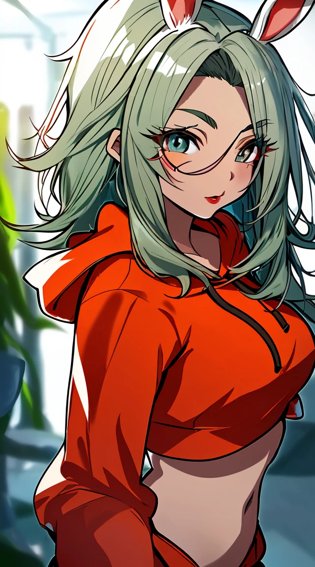 1 girl, beautiful korean girl, (Cute Loose Bob hair, loose hair), (usando um cropped bunny hoodie:1.5), (Red lips, breasts small, toned stomach, eyelash, aegyo sal), immersive background, global illumination, natural lighting, (beautiful detailed eyes, Symmetrical eyes), (8k, raw-photo, work of art, RAW color photo with high detail, highest quallity, highly detailed 8K unified CG wallpapers), (best shade, best illustration), Physics-based rendering, hight contrast, rich colors,