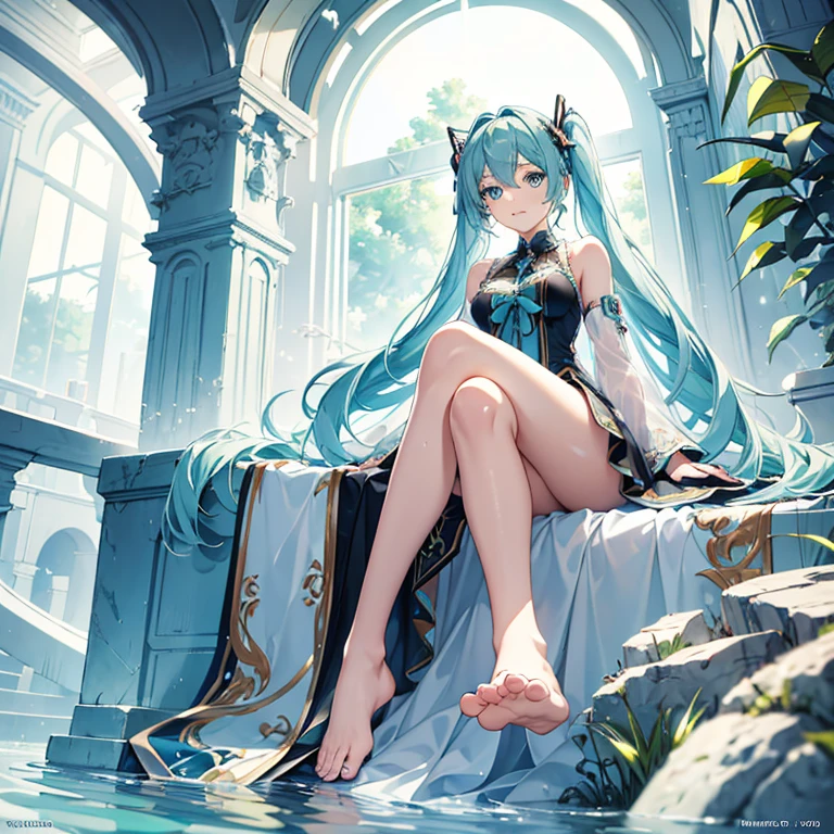 hatsune Miku、(ultra Realistic), (An illustration), (Highres), (8K), (highlydetailed), (the best illustration), (Beautiful Detailed Eyes), (beste Quality), (Super Detailed), (Master peace), (Wallpapers), (Detailed Face), solo, 1girl, Aristocratic dresses、White hair, Iris heterochromatic eyes, small moles under eye, medium chest, Long legs,Stunning composition,Foot braids,Beautiful and detailed legs
