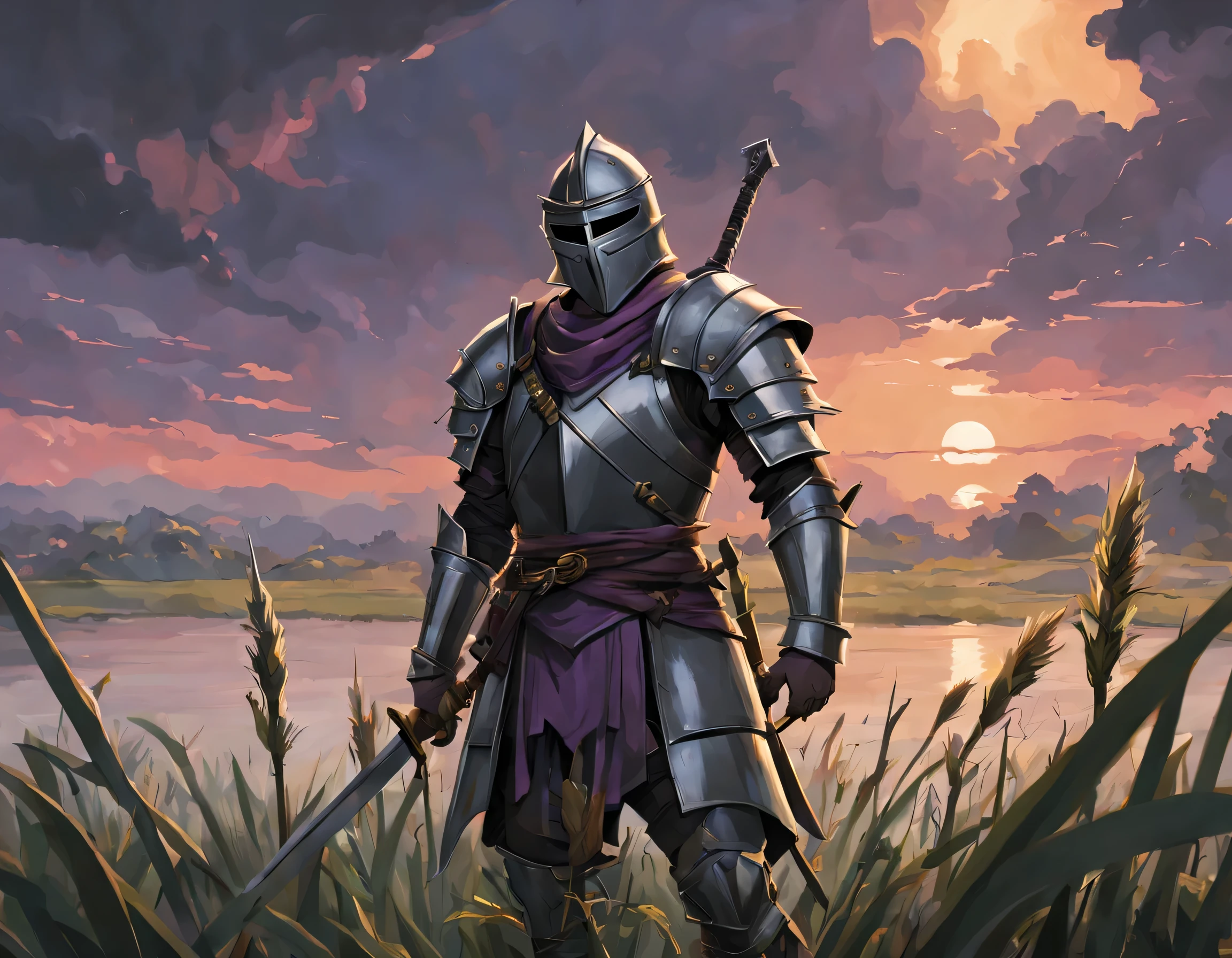 ((masterpiece, best quality)) gray sky, clouds, cloudy, dark sky, field, field of reeds, green knight, two swords, duel, fighting, fire, golden field, blood, face mask, swinging sword, landscape, dead bodies, arrows stuck in ground, sunset, purple sky, on knees, bleeding,