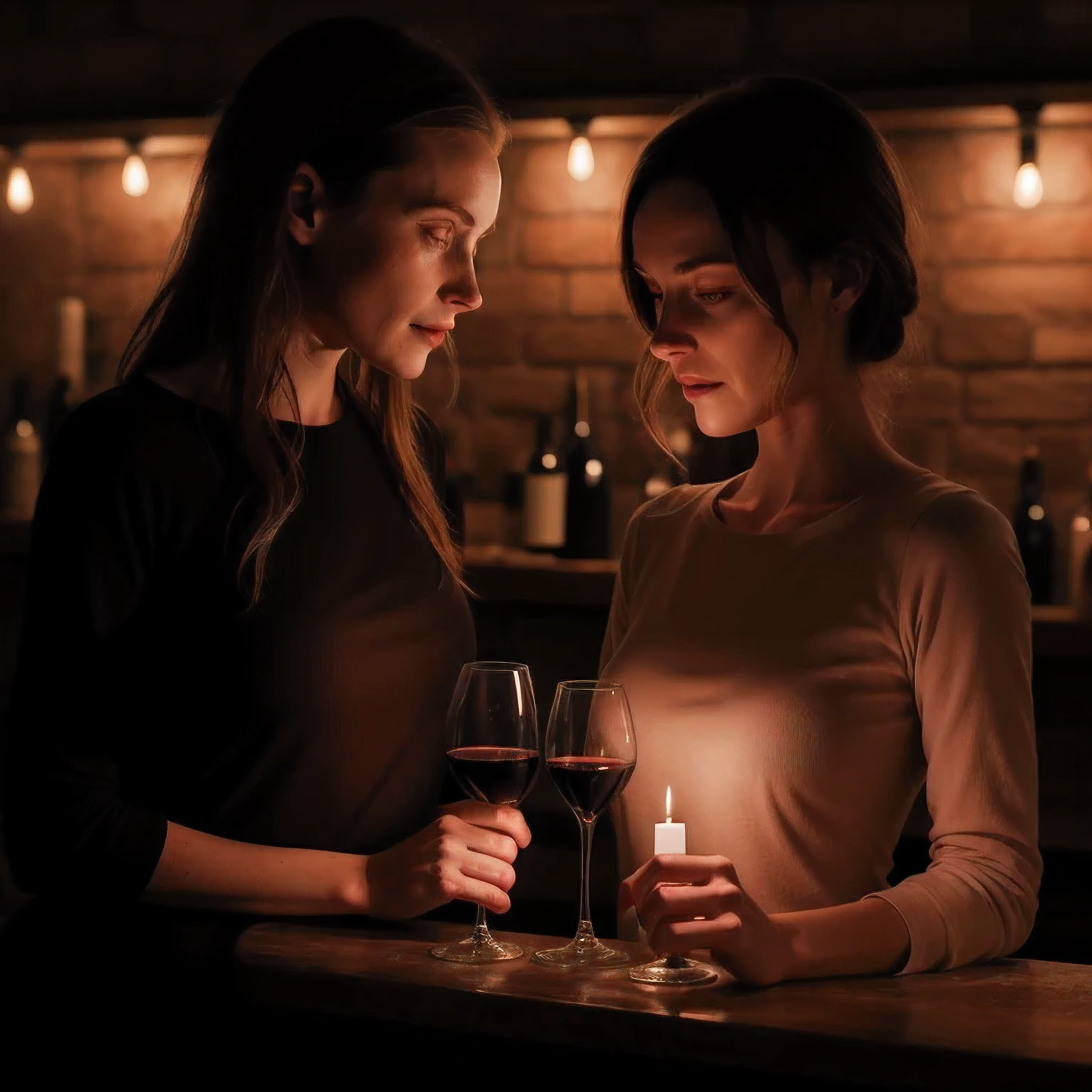 2 different girls drinking wine in a dark bar that looks very dark inside while having their clothes on. realistic candle light, candles, photorealistic 1.4, nice 1.4, at night, rembrand light