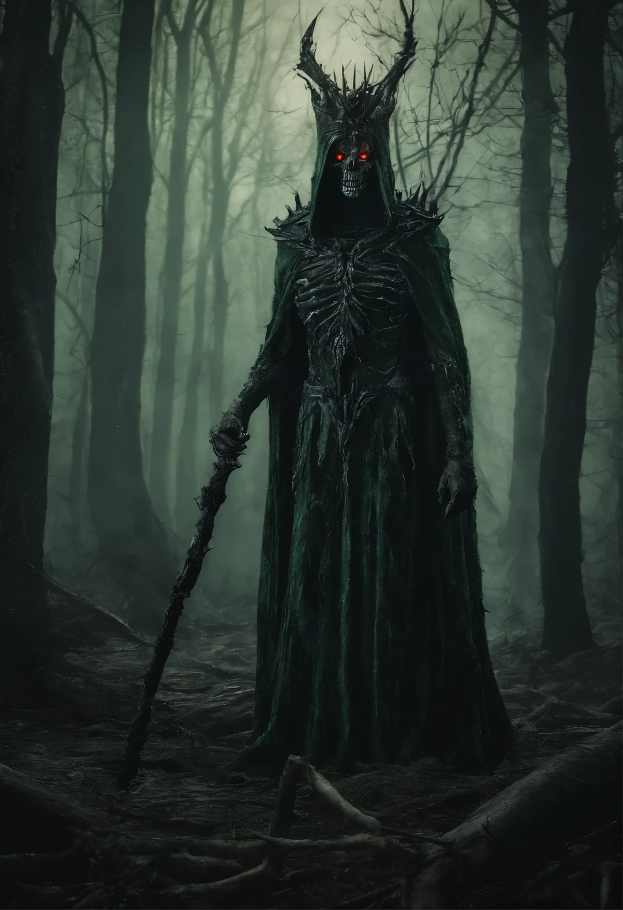 Arafed male in a dark forest with a horned head and a staff - SeaArt AI