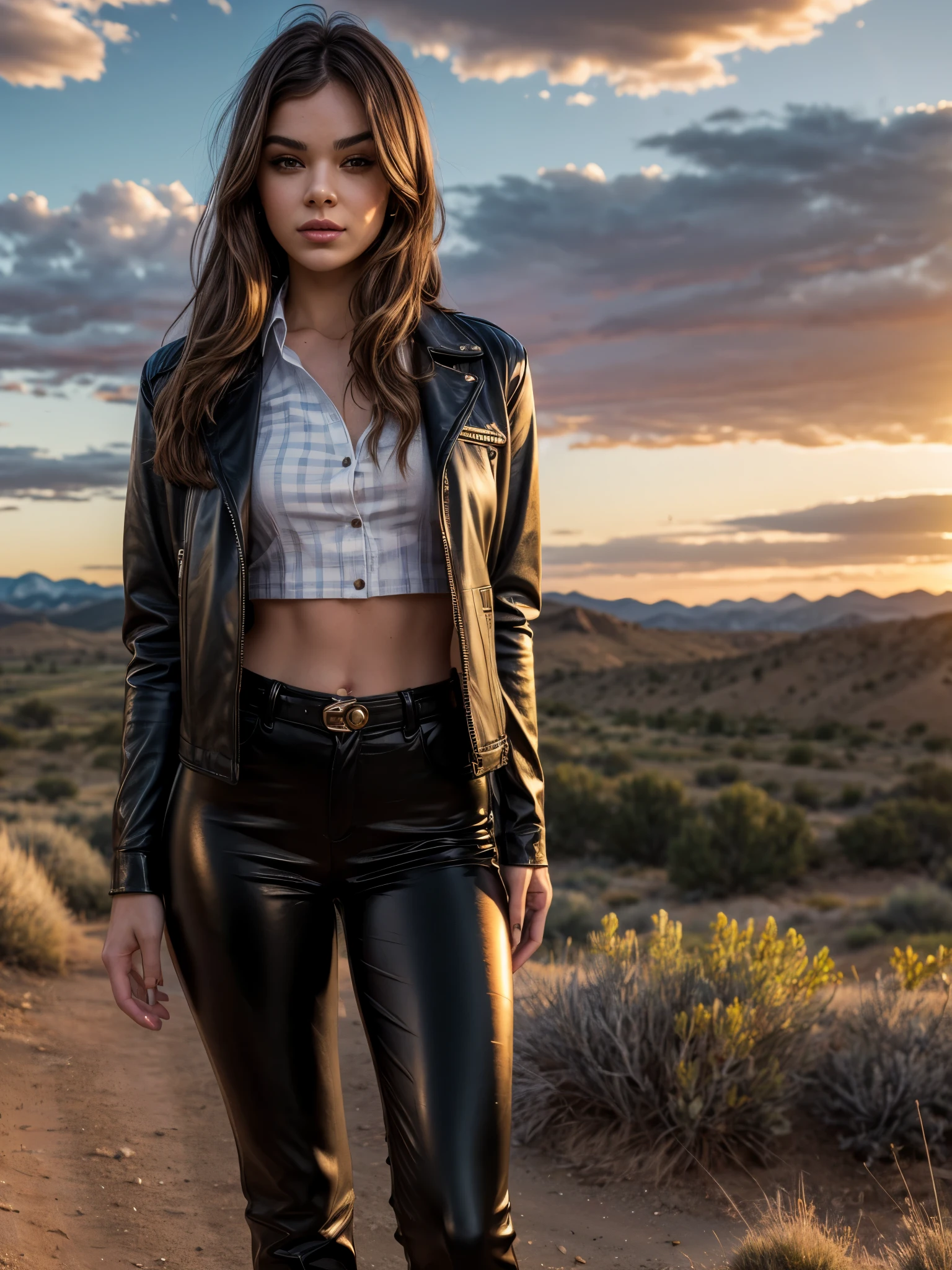 estilo fotorrealista de una mujer morena con cabello largo con pantalones de cuero negro y una camisa a cuadros frente a un paisaje del salvaje oeste de Colorado al atardecer