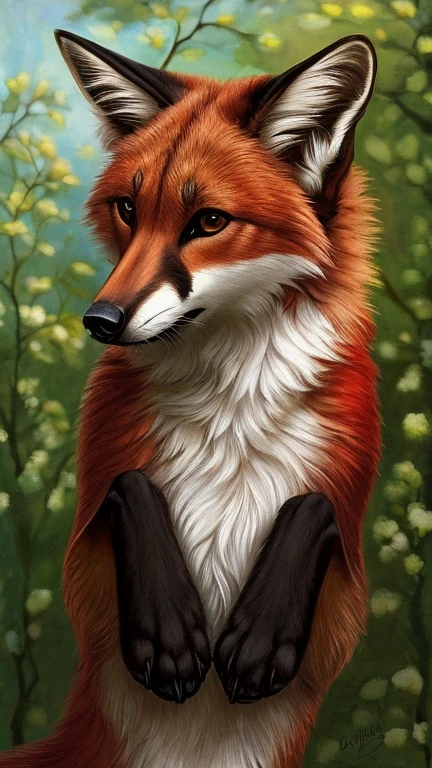 A red fox in a set of elegant white lingerie lies on her back with her paws spread to the sides, furry art, feral, (feral), red fur, black claws, fangs, black nose, brown eyes, realistic fur, realistic fabric, black paw pads.