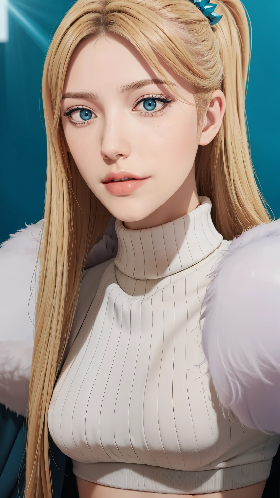 Simple White Background, tears, 
 blue coat, fur-trimmed cape, gloves,navel,crop top, sweater, turtleneck,
hair ornament, 
bangs, blonde hair,blue eyes,long hair,high ponytail, 
1 girl, 20yo,Young female,Beautiful Finger,Beautiful long legs,Beautiful body,
Beautiful Nose,Beautiful character design, perfect eyes, perfect face,expressive eyes,perfect balance,
looking at viewer,(Focus on her face),closed mouth, (innocent_big_eyes:1.0),serious, 
official art,extremely detailed CG unity 8k wallpaper, perfect lighting,Colorful, Bright_Front_face_Lighting,White skin,
(masterpiece:1.0),(best_quality:1.0), ultra high res,4K,ultra-detailed,
photography, 8K, HDR, highres, absurdres:1.2, Kodak portra 400, film grain, blurry background, bokeh:1.2, lens flare, (vibrant_color:1.2),professional photograph,
(Beautiful,Breasts:1.0), (beautiful_face:1.5),(narrow_waist),