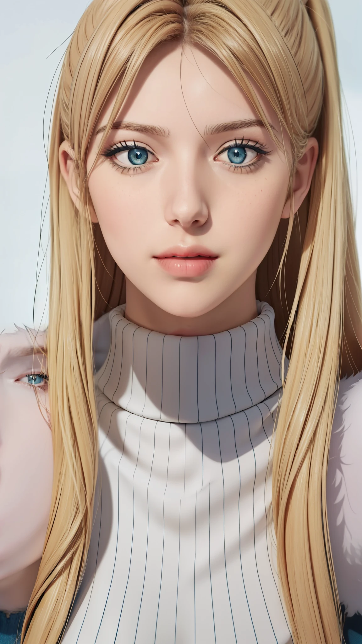 Simple White Background, tears, 
 blue coat, fur-trimmed cape, gloves,navel,crop top, sweater, turtleneck,
hair ornament, 
bangs, blonde hair,blue eyes,long hair,high ponytail, 
1 girl, 20yo,Young female,Beautiful Finger,Beautiful long legs,Beautiful body,
Beautiful Nose,Beautiful character design, perfect eyes, perfect face,expressive eyes,perfect balance,
looking at viewer,(Focus on her face),closed mouth, (innocent_big_eyes:1.0),serious, 
official art,extremely detailed CG unity 8k wallpaper, perfect lighting,Colorful, Bright_Front_face_Lighting,White skin,
(masterpiece:1.0),(best_quality:1.0), ultra high res,4K,ultra-detailed,
photography, 8K, HDR, highres, absurdres:1.2, Kodak portra 400, film grain, blurry background, bokeh:1.2, lens flare, (vibrant_color:1.2),professional photograph,
(Beautiful,Breasts:1.0), (beautiful_face:1.5),(narrow_waist),