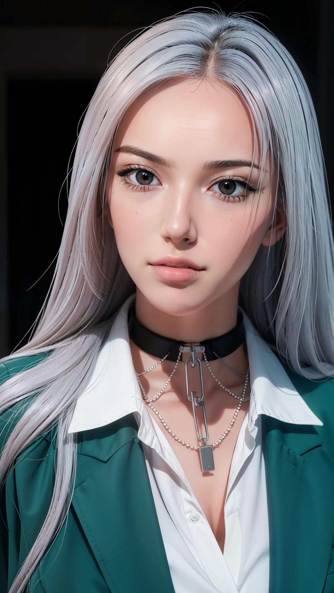 Simple White Background,
school uniform, green jacket,white collared shirt, Black Choker,
chained,jewelry,
White Hair,long hair,red eyes,Bangs,
1 girl, 20yo,Young female,Beautiful Finger,Beautiful long legs,Beautiful body,
Beautiful Nose,Beautiful character design, perfect eyes, perfect face,expressive eyes,perfect balance,
looking at viewer,(Focus on her face),closed mouth, (innocent_big_eyes:1.0),(Light_Smile:0.3),
official art,extremely detailed CG unity 8k wallpaper, perfect lighting,Colorful, Bright_Front_face_Lighting,White skin,
(masterpiece:1.0),(best_quality:1.0), ultra high res,4K,ultra-detailed,
photography, 8K, HDR, highres, absurdres:1.2, Kodak portra 400, film grain, blurry background, bokeh:1.2, lens flare, (vibrant_color:1.2),professional photograph,
(Beautiful,Breasts:1.0), (beautiful_face:1.5),(narrow_waist),