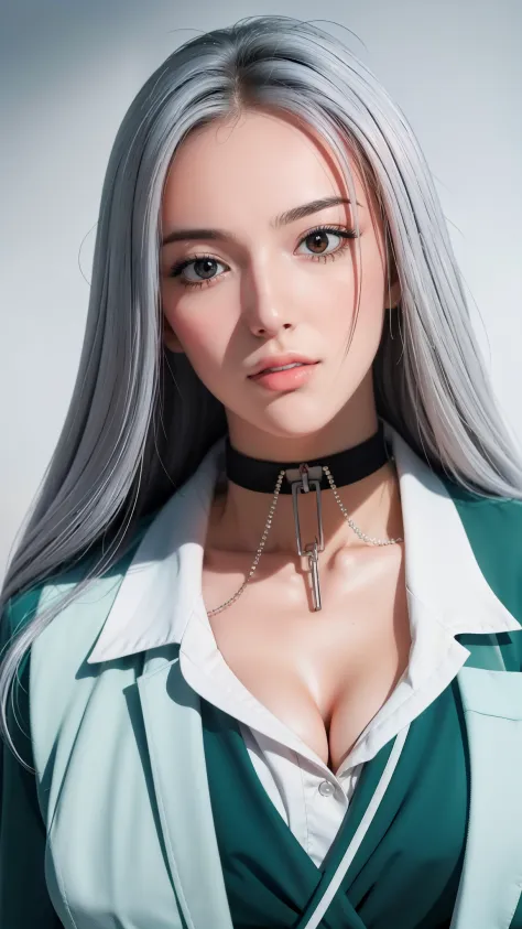 Simple White Background,
school uniform, green jacket,white collared shirt, Black Choker,
chained,jewelry,
White Hair,long hair,...