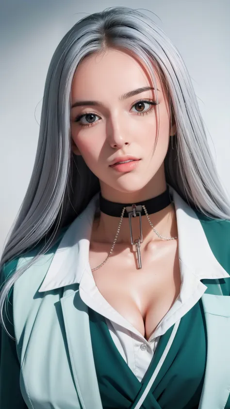 simple white background,
school uniform, green jacket,white collared shirt, black choker,
chained,jewelry,
white hair,long hair,...