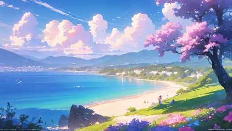 painting of a beach with flowers and a cliff in the background, beautiful wallpaper, flowers sea everywhere, ross tran. scenic b...