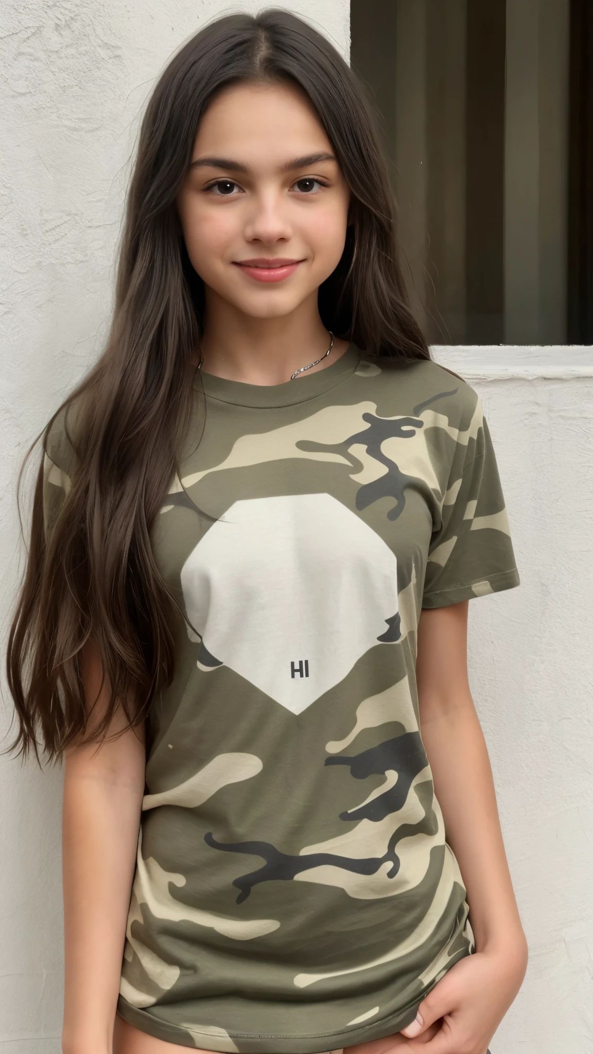 A woman in a camo shirt posing for a picture - SeaArt AI