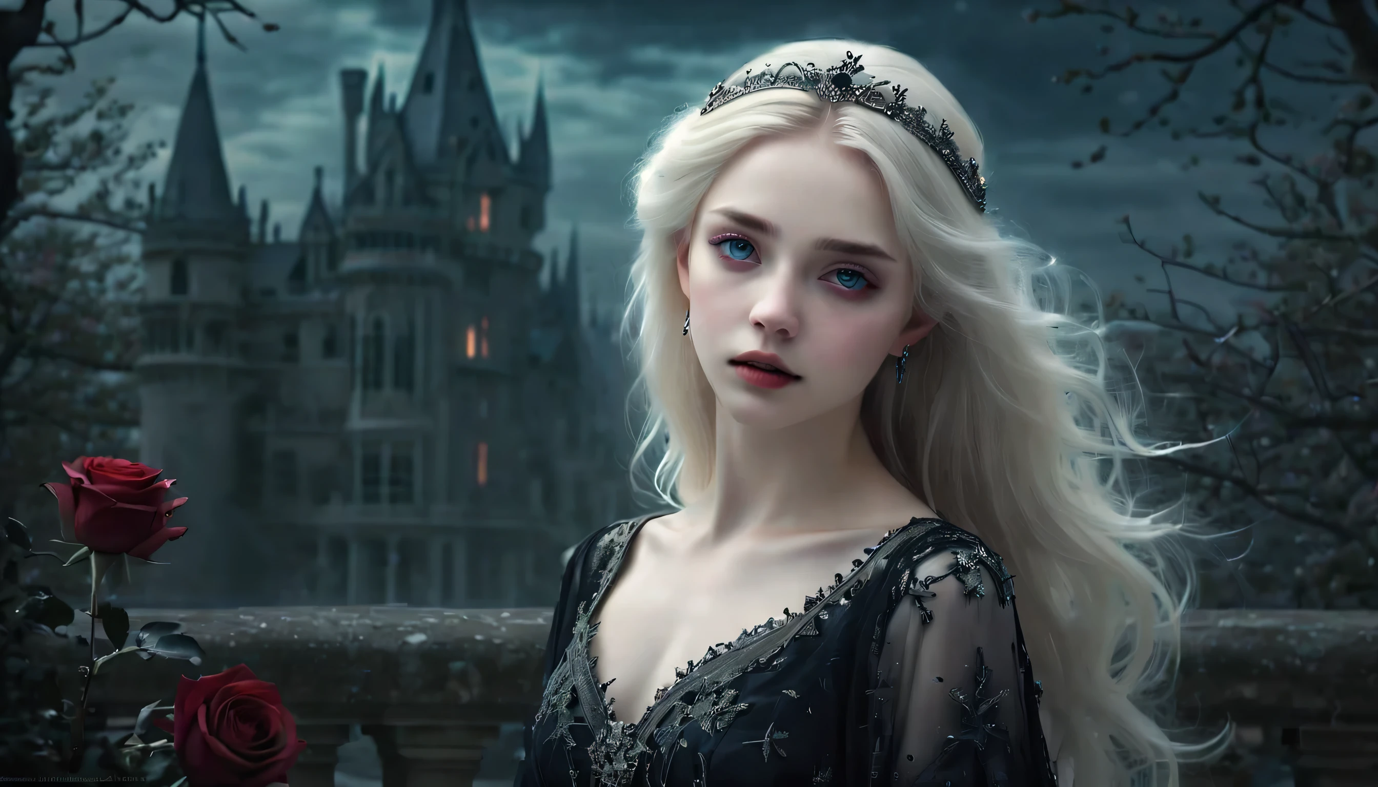 Vampirprinzessin,,atemberaubend schön,blaue Augen,weißlich blondes Haar,(beste Qualität,4k,8k,highres,Meisterwerk:1.2),ultra-detailliert,(realistisch,photorealistisch,photo-realistisch:1.37),sanft strahlende blasse Haut,reinblütig,porzellanartiger Teint,elegante und raffinierte Funktionen,Anmutige Haltung,Dunkle und mysteriöse Atmosphäre,Gothic-Mode,fließendes schwarzes Spitzenkleid,ein Hauch von Rot in ihrer Kleidung,zierlicher Silberschmuck mit Rubin-Akzenten,subtiles, aber bezauberndes Lächeln,leicht spitze Eckzähne,durchscheinende Flügel, die an Fledermausflügel erinnern,subtiler Schimmereffekt auf ihren Flügeln,Gärten voller blühender Blutrosen,leuchtend rote Blütenblätter kontrastieren mit der Dunkelheit,bezaubernde Mondnacht,dunkles und unheimlich schönes Schloss im Hintergrund,Spritzer Mondlicht erhellen ihre ätherische Schönheit,dunkle Schatten und dramatische Beleuchtung,eisiger Blick, der die Herzen derer gefrieren lässt, die es wagen, ihr in die Augen zu sehen,Aura der Autorität und Macht,Symbol der Gefahr und der Verlockung zugleich,Nachthimmel voller wirbelndem Nebel und funkelnden Sternen,dezente Farbpalette mit tiefen Blautönen,lila,und Schwarz,gedämpftes Licht mit sanftem Mondlicht, das einen ätherischen Glanz erzeugt,lebendiger und dennoch eleganter Stil,mit einem Hauch von Dunkelheit und Mysterium,Porträts,Fantasie,Grusel.