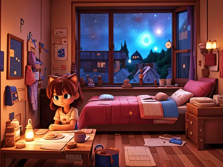 image showing a girl in her room with a messy bed, sitting near a window holding a cup, observando a noite estrelada ao lado de ...