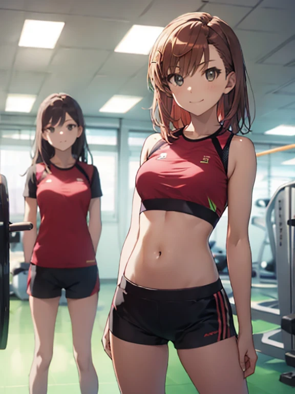 Una obra maestra, 4k, La mejor calidad, Misaka Mikoto, cinta de, deportes bien, latex shorts, are standing, Brazos cruzados, sonrisa en la cara、cool expression　gimnasio de deportes　Posando al azar