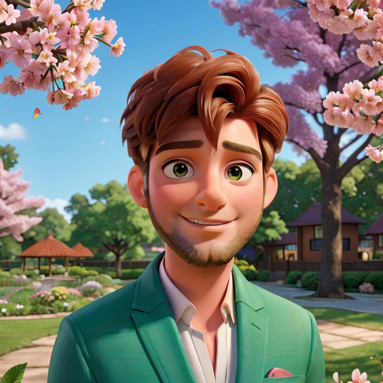 (best quality, vivid colors:1.2), Kivanç Tatlitug, hazel-eyed actor, handsome, with charming smile, in a vibrant garden, under the golden sunlight, wearing a stylish suit, leaning against a blooming cherry blossom tree, with gentle breeze blowing his hair, surrounded by colorful butterflies, exuding confidence and charisma. (photorealistic:1.37), (portrait, outdoors), (lush greenery, blossoming flowers), (warm and inviting color palette), (soft and natural lighting)