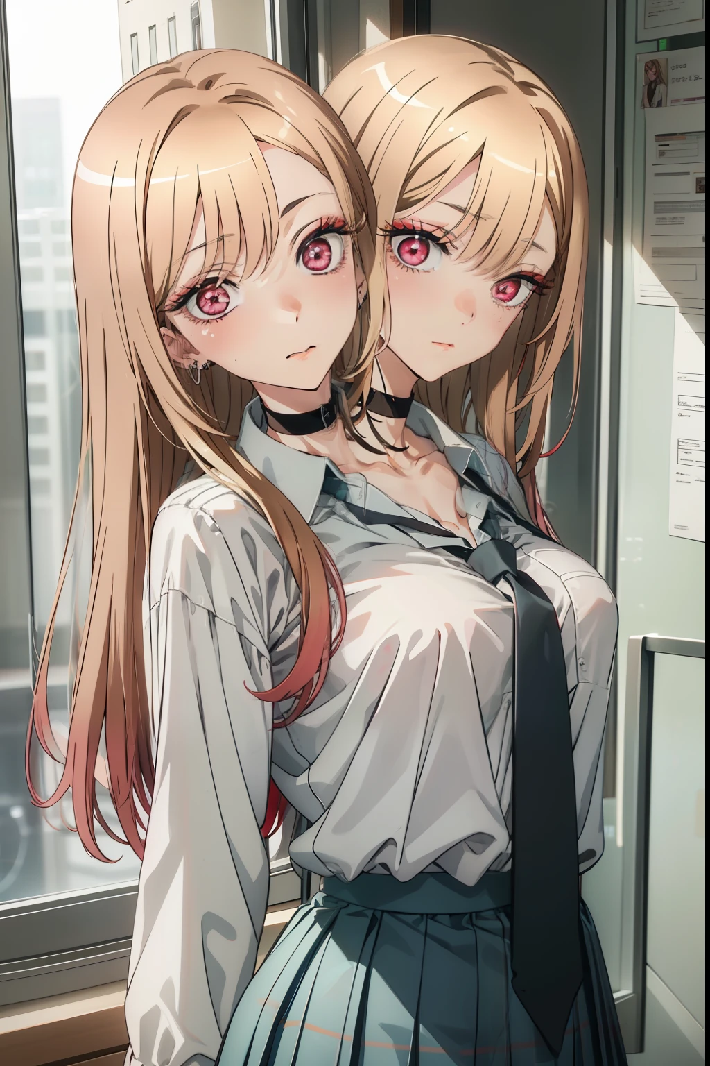 marin kitagawa, blonde hair, choker, ear piercing, earrings, long hair, piercing, (red eyes:1.5), straight hair, (two_heads:1.5), swept bangs,
BREAK black necktie, long sleeves, pleated skirt, , shirt, skirt, sleeves rolled up, white shirt, cleavage,
BREAK indoors, classroom,
BREAK looking at viewer, 
BREAK (masterpiece:1.2), best quality, high resolution, unity 8k wallpaper, (illustration:0.8), (beautiful detailed eyes:1.6), perfect lighting,