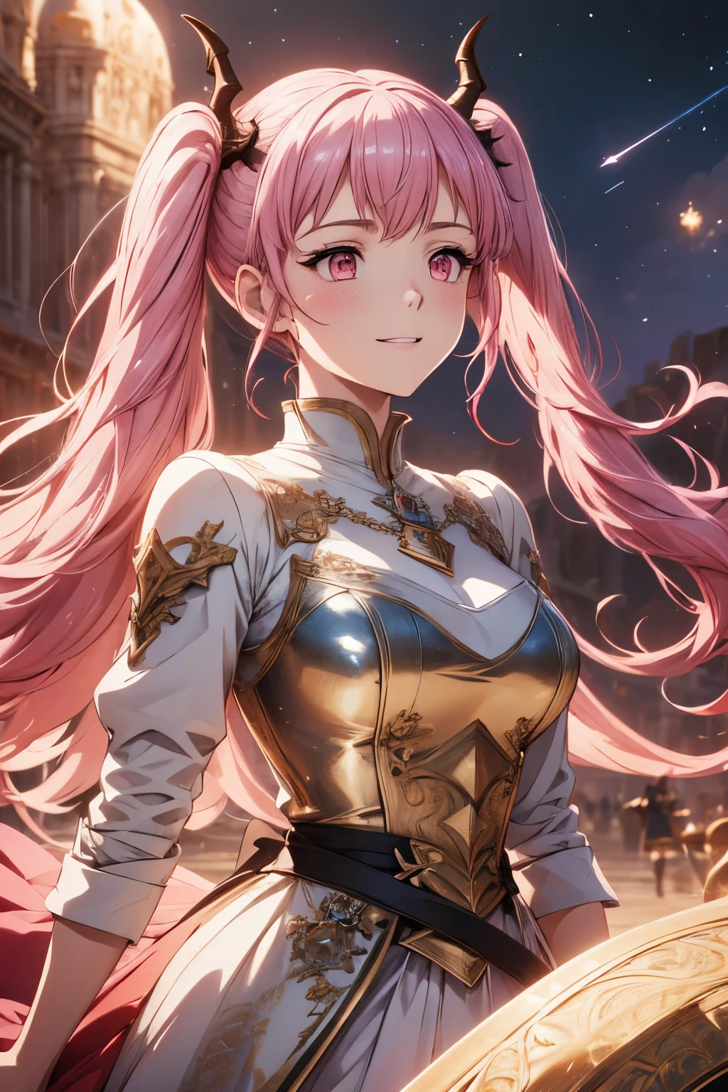 (傑作),(複雑な詳細), 1人の女の子, ヒルダ from fire emblem, ヒルダ, 三つ編み, ピンクの髪, ピンクの目, dragon 角, [[角]], 角のある, big 角, アークナイトスタイル, アークナイツのキャラクター, 美術, 4k 美術, 美術station, 高解像度 美術, 高解像度, 星図のある幻想的な背景, 笑顔, 地平線を見据えて, 完全に覆われた, 非常に詳細な, extremely detailed 美術, 非常に詳細な顔, extremely 詳細な目, ダイナミックなポーズ, ダイナミックな背景, (ultra 詳細な目:0.7, 美しく精巧な顔, 詳細な目:0.9), クリスタルドレス, [[プリンセスドレス]]