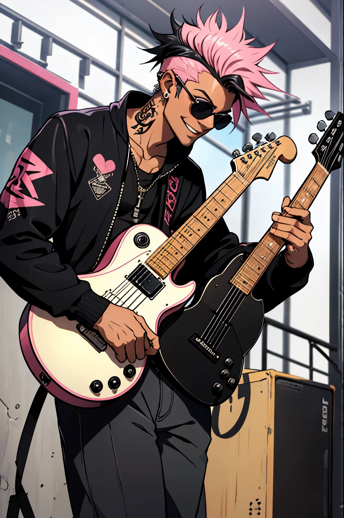 Black young man, punk clothes, cool sun glasses, punk hair, black hair, pink hair, piercings, tattoo, smile, guitar, playing guitar, dark atmosphere