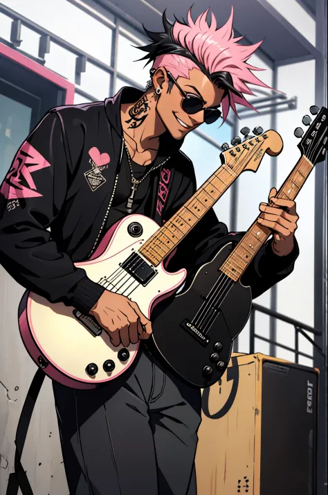 Black young man, punk clothes, cool sun glasses, punk hair, black hair, pink hair, piercings, tattoo, smile, guitar, playing gui...
