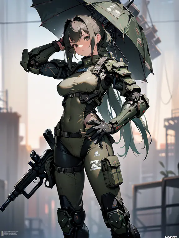 Beautiful 23 year old female in a green uniform holding a gun, tattered military gear, mechanized soldier girl, oversized mechan...