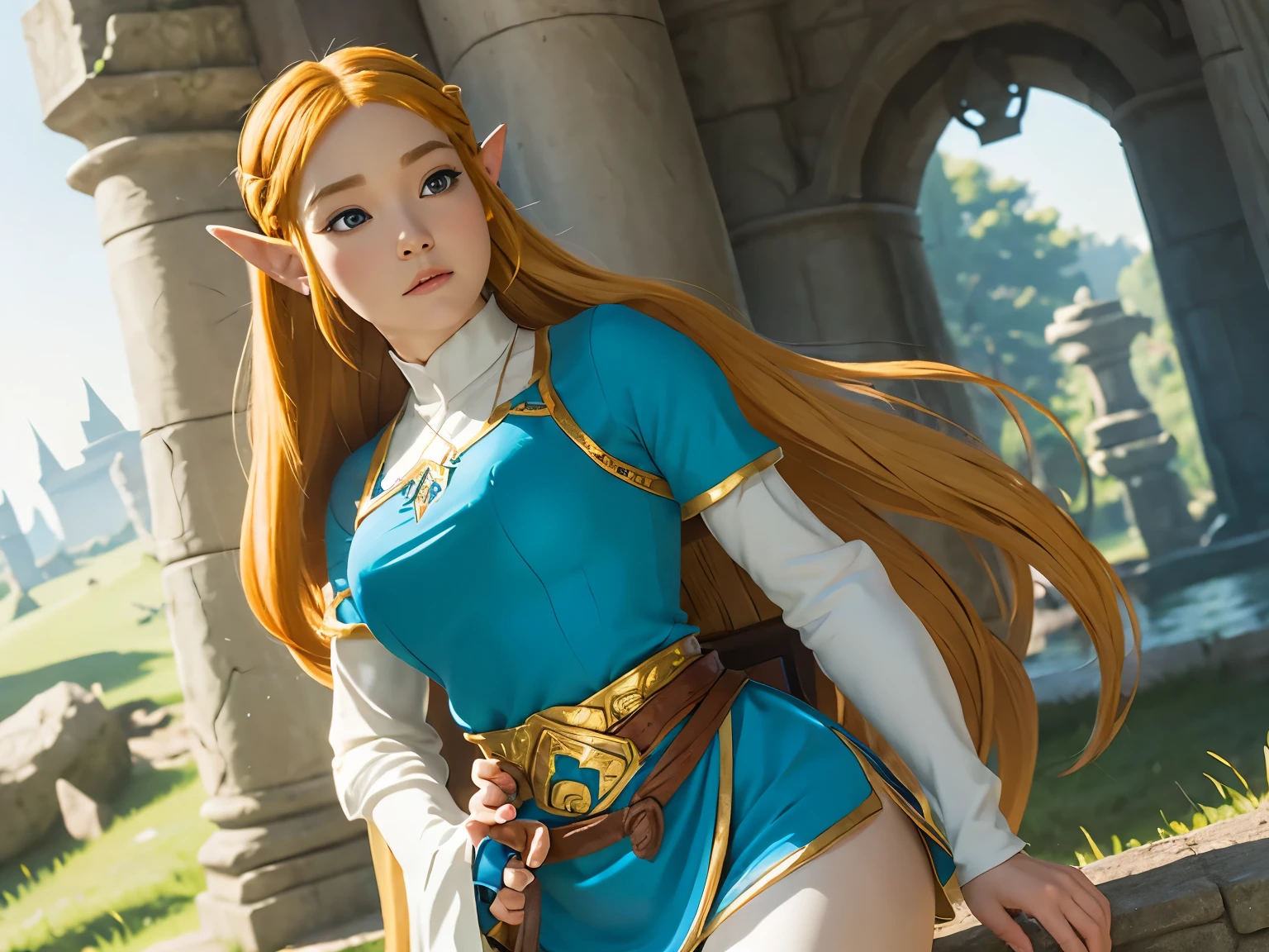 zelda\(princess\), Princess Zelda , 1girl, solo, pale skin, materpiece, cute, enface, caucasian, the legend of zelda clothes,  mangabook, fighting, big hips, large protounding breasts,
