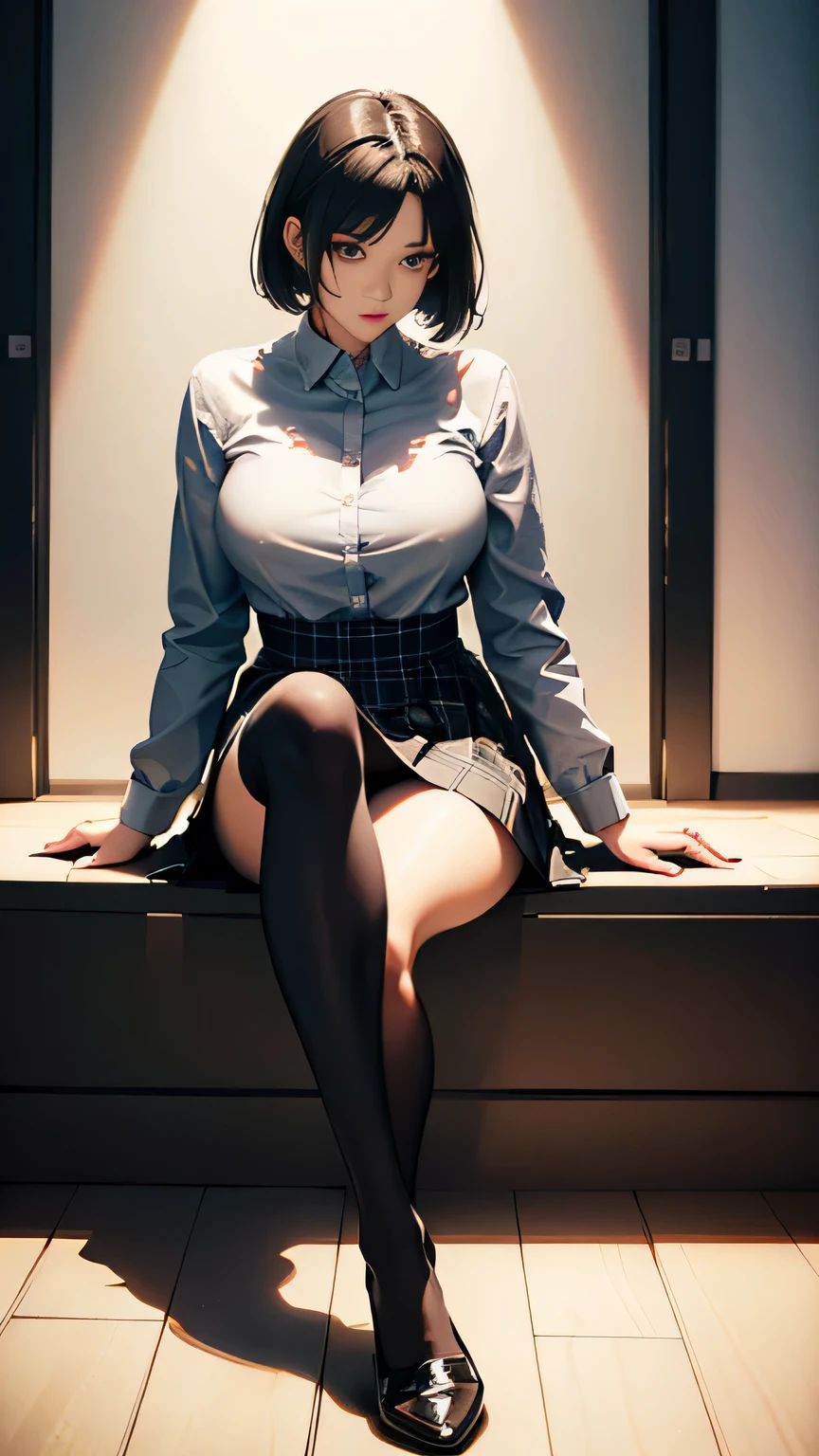 Full body image, Persona 4 Yumi Ozawa, black medium hair, narrow face, Narrow Eyes, Double eyelids, Wearing a black plaid skirt, black shirt, black shoes, white knee high stockings, Looking at Viewer, (Detailed Face), sitting (sitting 1.4), Bust, Long Legs, Thin Waist, Buttocks, Ultra Fine Makeup, ultra fine clothes, beautiful attractive woman, highly detailed, (Realistic lighting, Top Quality, 8K, Masterpiece: 1.3)),(High Resolution), (8K), (Very Detailed), (Best Quality), (Ultra Detailed), (Masterpiece), ultra high resolution, (photorealism: 1.4)