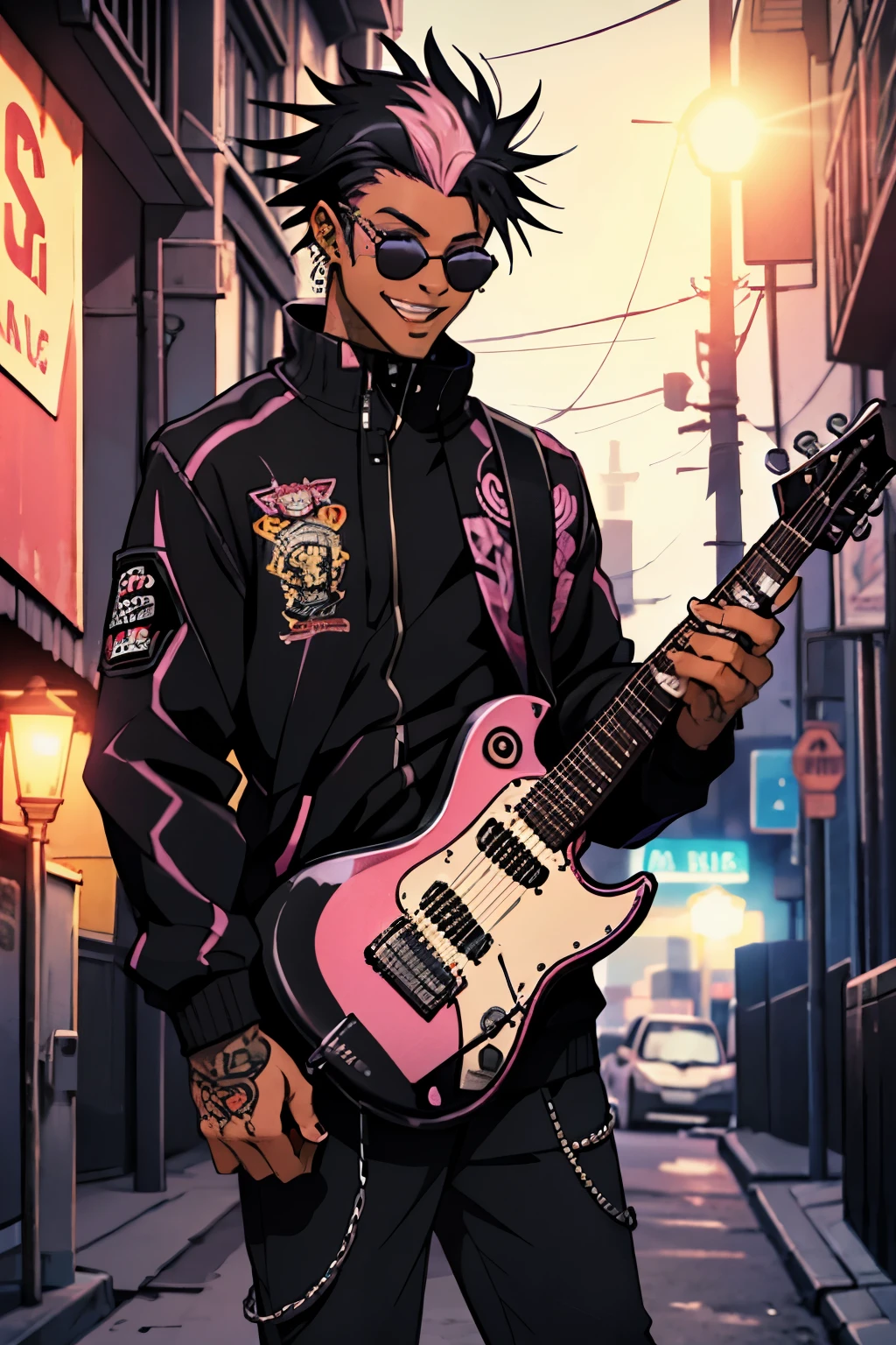 Black young man, punk clothes, cool sun glasses, punk hair, black hair, pink hair, piercings, tattoo, smile, guitar, Night, dark place, black man