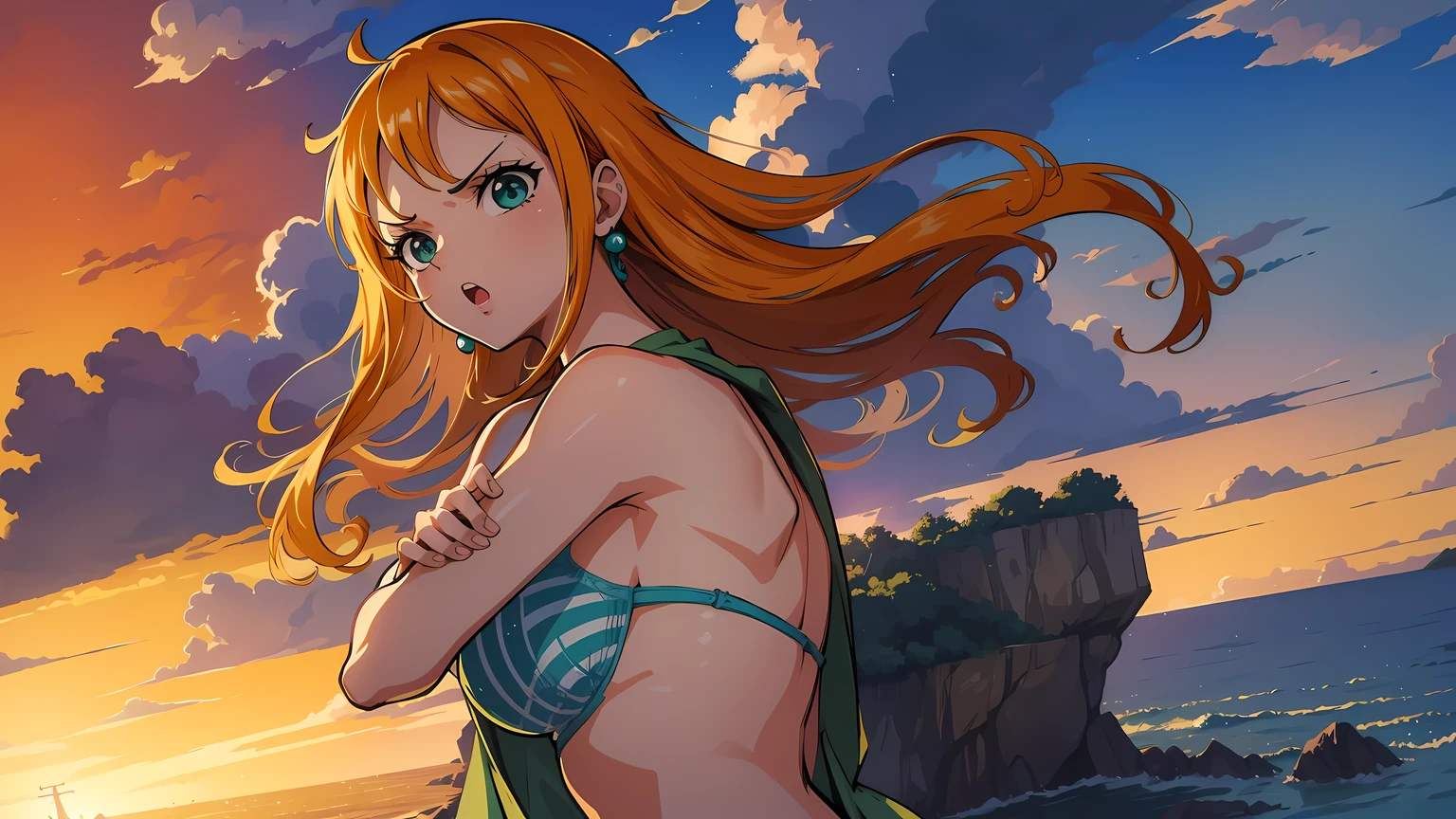 Anime girl in bikini standing on the beach with her arms crossed - SeaArt AI