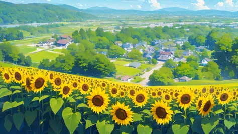 valley ghibli beautiful background flowers and plants, a lake with sunflowers small city and sea with clouds