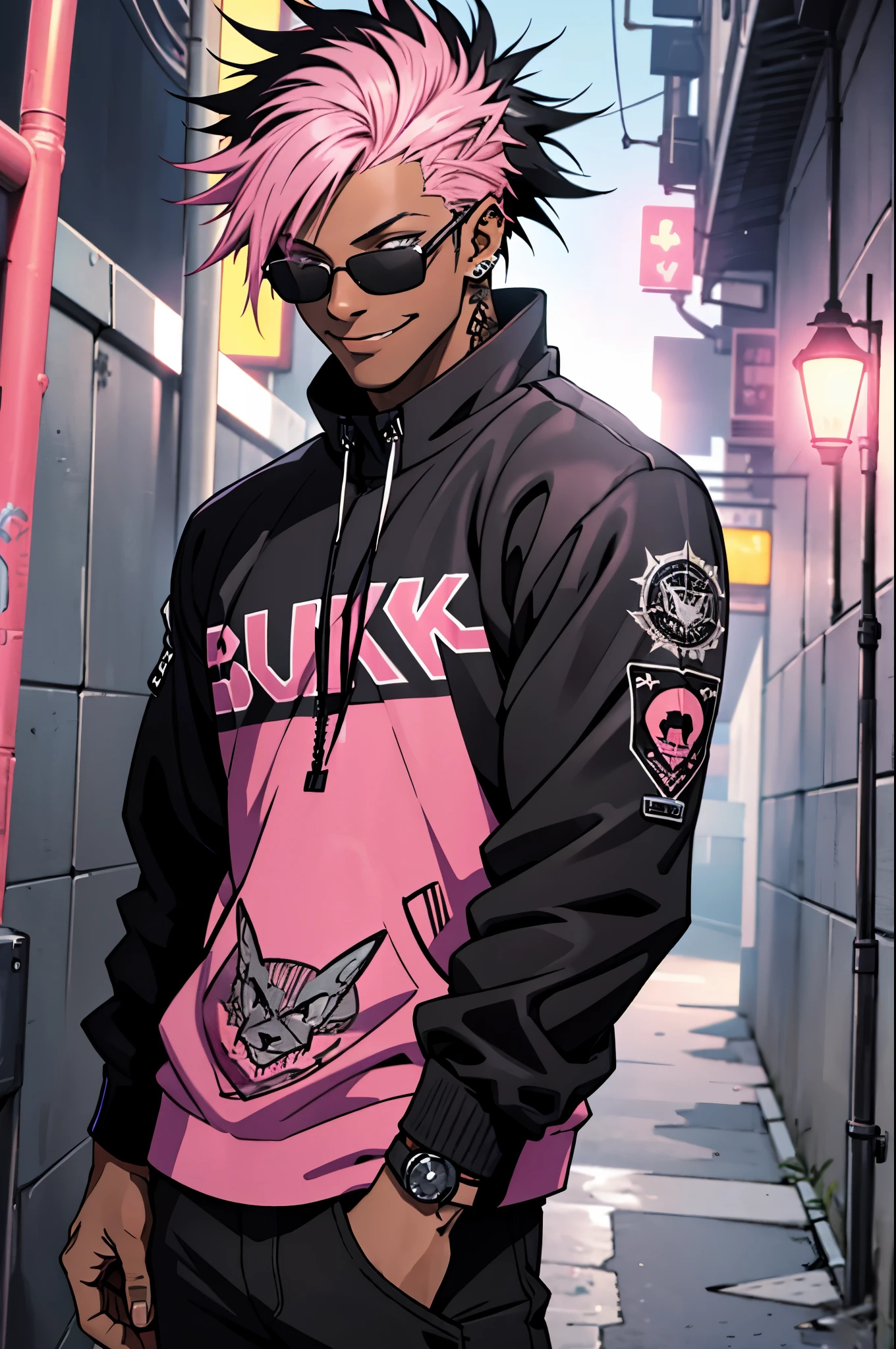 schwarzer junger Mann, Punk-Kleidung, coole Sonnenbrille, punk hair, schwarzes Haar, pinkes Haar, Piercings, Tätowierung, lächeln, Nacht, dunkler Ort, schwarzer Mann, graue Augen