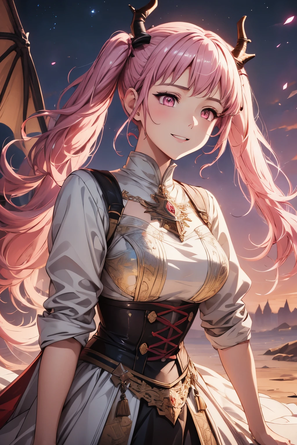 (masterpiece),(intricate details), 1girl, hilda from fire emblem, hilda, pigtails, pink hair, pink eyes, dragon horns, [[horns]], horned, big horns, arknight style, arknights character, art, 4k art, artstation, hd art, hd, ethereal background with starmaps, smiling, looking to the horizon, fully covered, highly detailed, extremely detailed art, extremely detailed face, extremely detailed eyes, dynamic pose, dynamic background, (ultra detailed eyes:0.7, beautiful and detailed face, detailed eyes:0.9), crystalline dress, [[princess dress]]