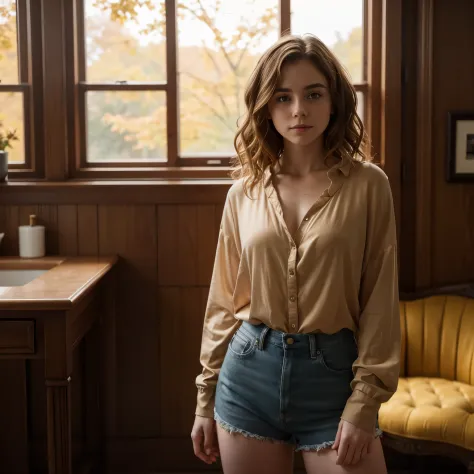 Sophia Lillis, long wavy hair, muscular body, thick thighs, autumn room, loose blouse, standing, 