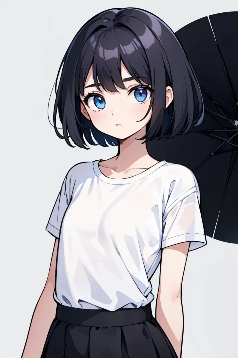 1girl, solo, blue eyes, (detailed eyes), flat chest, short hair, black hair, ((white t-shirt)), simple t-shirt, black skirt, bla...