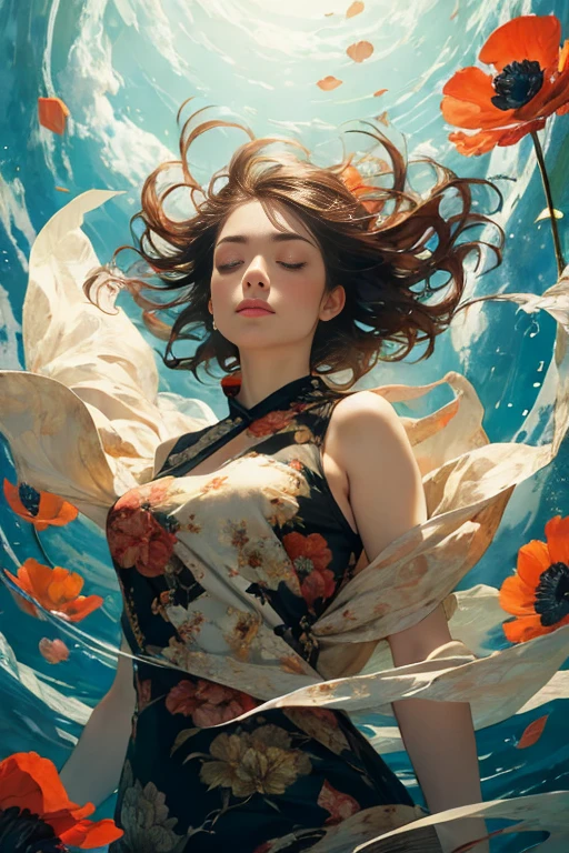 woman floating on her back in the air, (vulv hair), limp body, asleep, vibrant opalescent lighting, flecks in the air, dynamic lighting, warm color pallet, thick knit, brocade, gold carp and poppies, swirling air movement,   