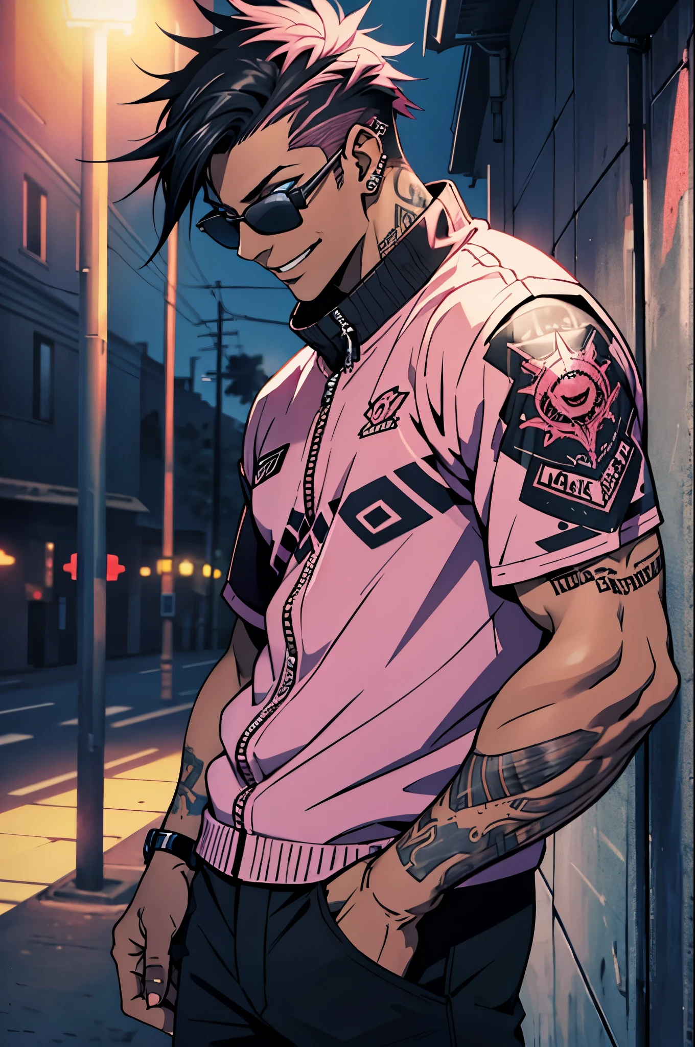 schwarzer junger Mann, Punk-Kleidung, coole Sonnenbrille, punk hair, schwarzes Haar, pinkes Haar, Piercings, Tätowierung, lächeln, Nacht, dunkler Ort, schwarzer Mann, Dunkelblaue Augen